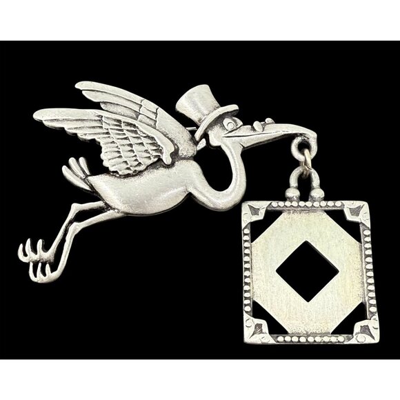 VTG Jonette Jewelry JJ Stork Dangling Picture Frame Pin Brooch Newborn Baby - Picture 1 of 4